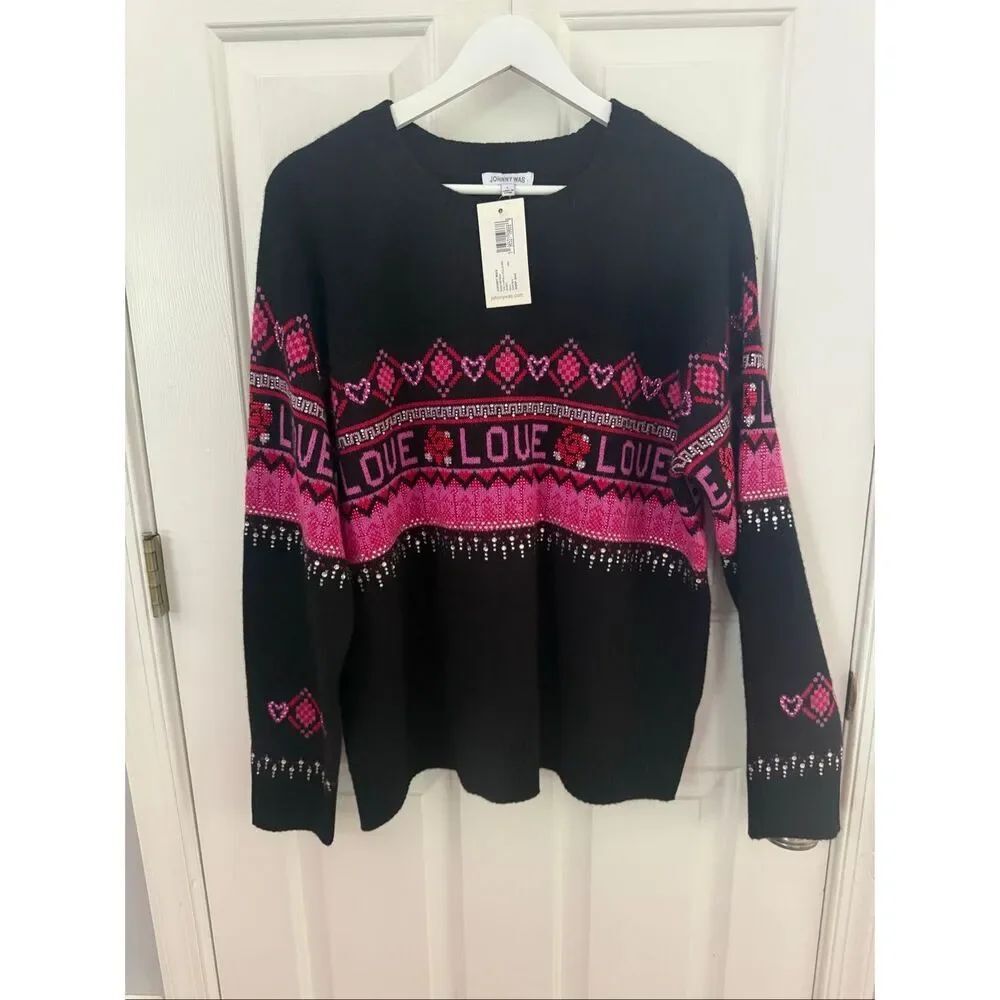 Johnny Was Black & Pink Love The Faire Isle Sweater Cashmere & Wool Sz L NWT